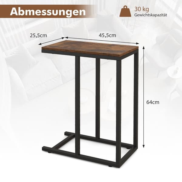 Sidobord C-format soffbord med metallram soffbord för vardagsrum rustikt brunt