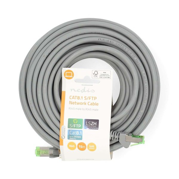 Cat 8.1 nätverkskabel | S/FTP | RJ45 hane | RJ45 hane | 15.0 m | Rund | LSZH | Grå | Label