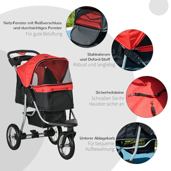 Dog Cart Dog Buggy Cat Buggy Lemmikkirattaat 3 Pyörällä Taitettava Koirankissa Oxford Red + Black 109,5 X 54,5 X 106,5 Cm