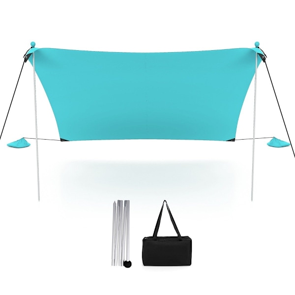 Strandtält 230 x 200 cm UPF 50+ soltält med sandankare, sandsäckar och 2 stödstolpar, turkos