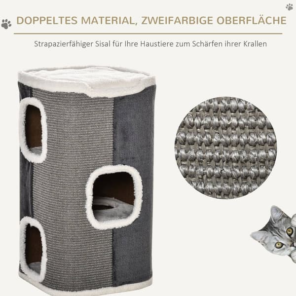 Kattetræ-Kradsefad Med 3 Niveauer, Spånplade, Fløjlsblød Polyester, Sisal, Grå + Hvid, 40X40X74Cm