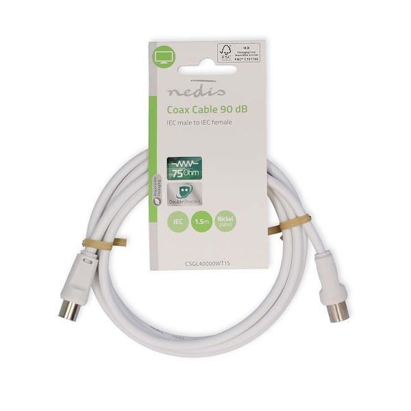 Koaksiaalikaapeli | IEC (Coax) Uros | IEC (Coax) Naaras | Niklattu | 90 dB | 75 Ohm | Tuplasuojattu | 1.50 m | Pyöreä | PVC | Valkoinen | Label