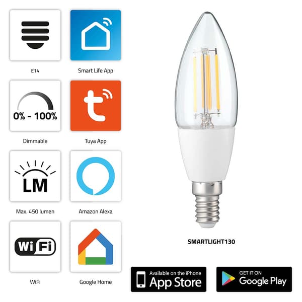 Smart Wi-Fi LED-glødepære, dæmpbar, E14, 450 lumen