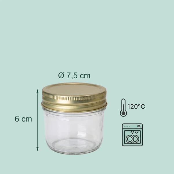 120 ml syltburkar i glas, set med vridbara guldlock
