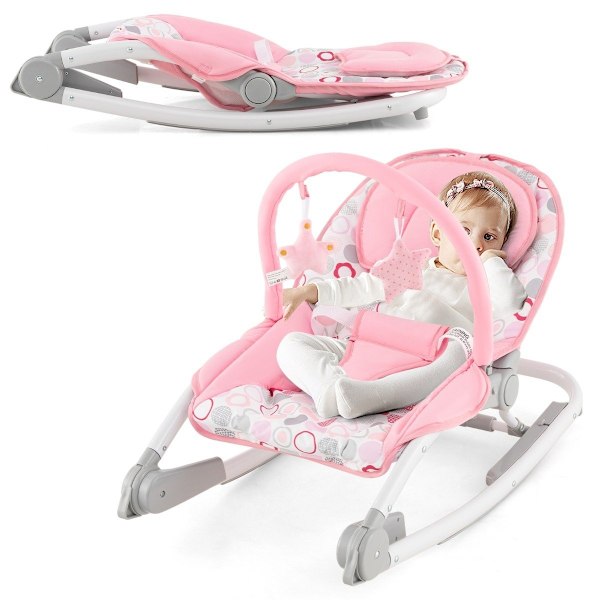 2 i 1 Baby Rocker hopfällbar bärbar babygunga med 3 nivås justerbart ryggstöd Rosa