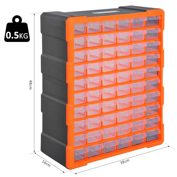 Sorteringsboks smådele magasin deleboks, opbevaringsboks med 60 rum, orange, L38xB16xH47,5cm