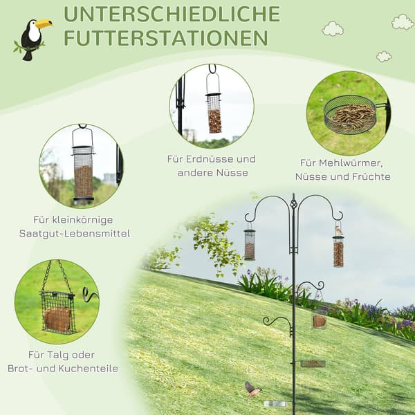 Fuglefoderstation Sæt Fuglebad Foderplade Komplet Fodersøjle Fuglefoderstation Med 4 Kroge Stål Sort Højde 208 Cm