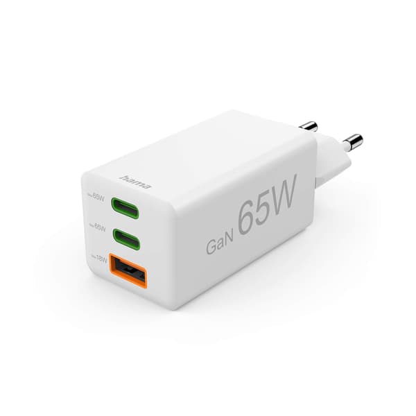 HAMA Oplader 2x USB-C 1x USB-A GaN 65W Hvid