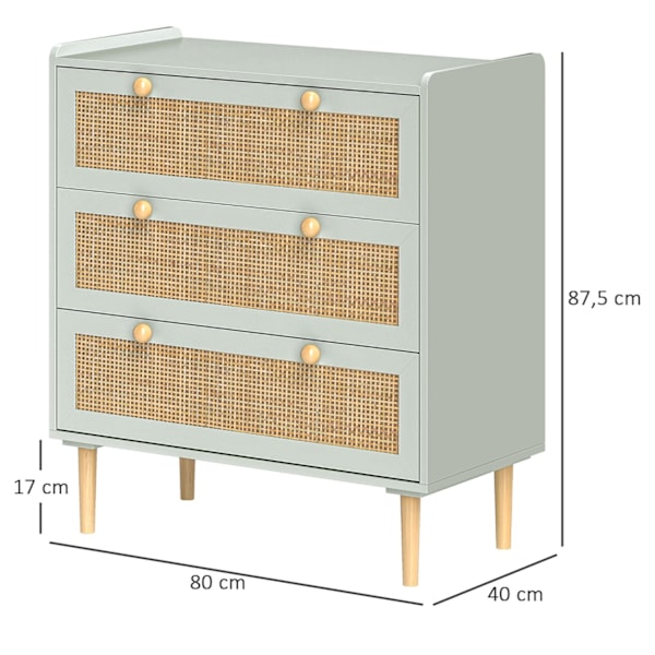Kommode sideskab med 3 skuffer, skænk med boho stil, rattan look, skuffe kommode til stue, soveværelse, lyseblå 80 x 40 x 87,5 cm