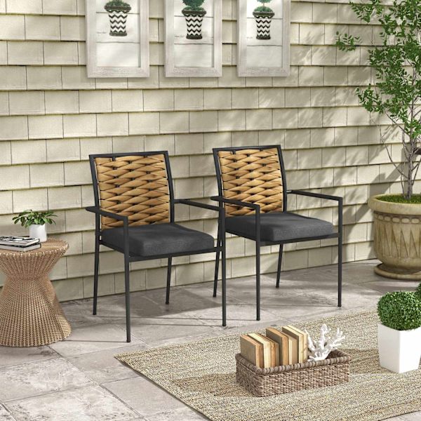 Sæt Med 2 Rattan Havestole Sæt Med Hynder, Stabelbare Havestole, Altanstole Til Terrasse, Stål, 57 X 58 X 87 Cm, Sort