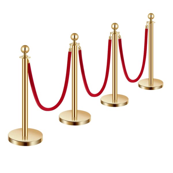 Set med stolpar för publikkontroll, 4-pack, guld, 1,5 meter, röda sammetsrep