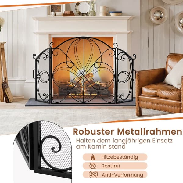 Hopfällbar eldstadsskärm med 3 paneler, blommigt metallnät, 151x83 cm