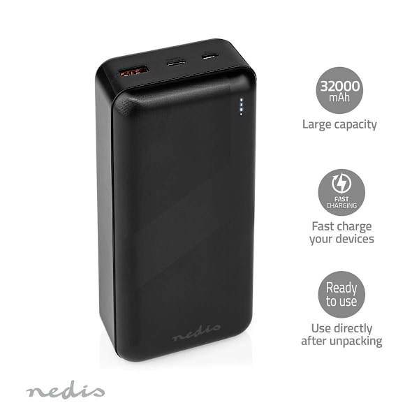 Virtapankki | 32000 mAh | 2.4 / 3.0 / 3.25 A | Lähtöliitäntöjen määrä: 2 | Lähtöliitäntä: 1x USB-A / 1x USB-C™ | Sisääntulon liitäntä: 1x Micro USB /