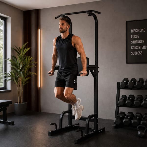 Power Tower til hjemmegym, justerbar højde, sort stål
