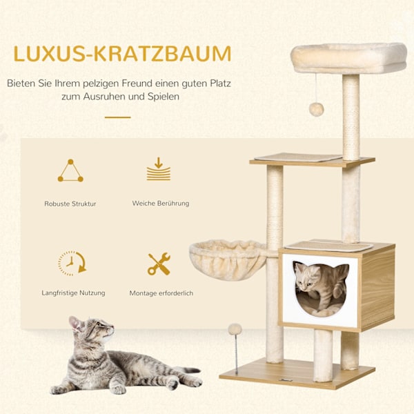 Beige Cat Tree Cat Cave Platform Puulastulevy Sisal 126Cm Korkeus