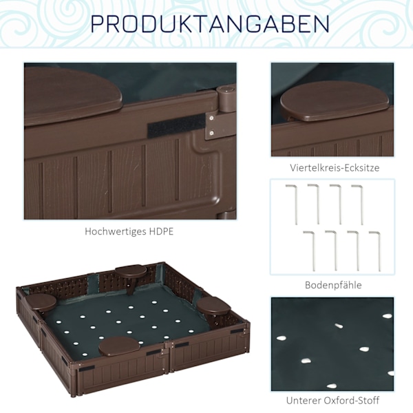 Hiekkalaatikko hiekkalaatikko 4-paikkainen pohjapeitteellä ja pressulla lapsille 3-12 vuotta, HDPE, 123x123x21 cm, ruskea