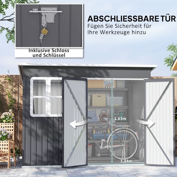Verktygsbod 4,13 m³, trädgårdsbod, 260 x 177 x 190 cm, redskapsbod med fönster, låsbar dörr, cykelgarage, trädgårdsskåp av stål, för bakgård, trädgård