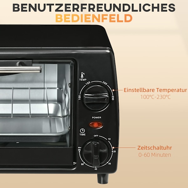 Miniovn 10 Liter 750W Lille Elektrisk Ovn Med Temperatur Op Til 230 ℃ Timer 60 Minutter Bageplade Og Stativ 36,5X26X22 Cm Sort