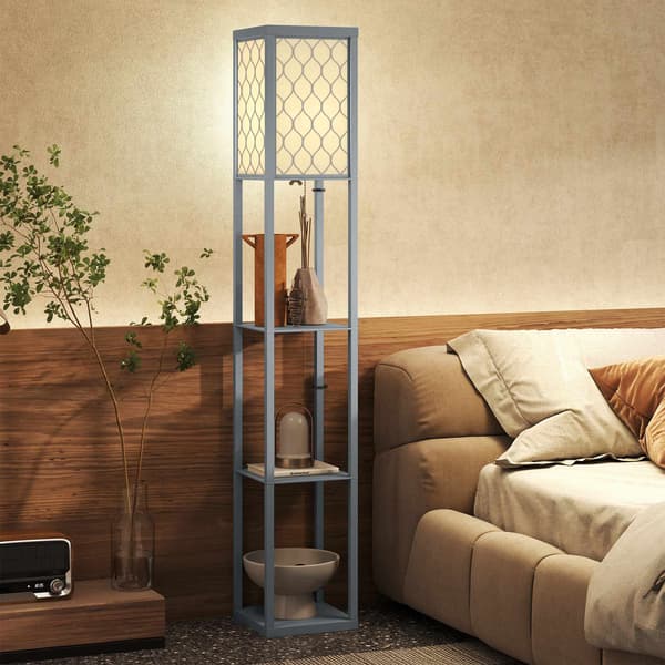 Gulvlampe med hylde, 3 niveauer, kompakt MDF, lysegrå
