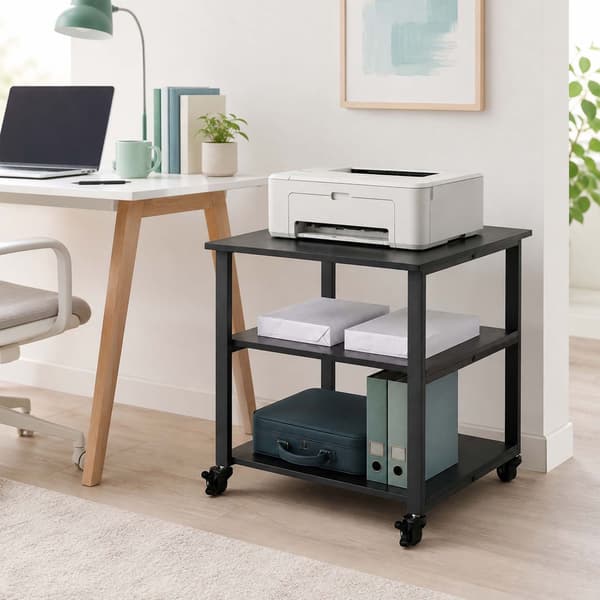Printerstativ til skrivebord med hjul – sort, 3-lags