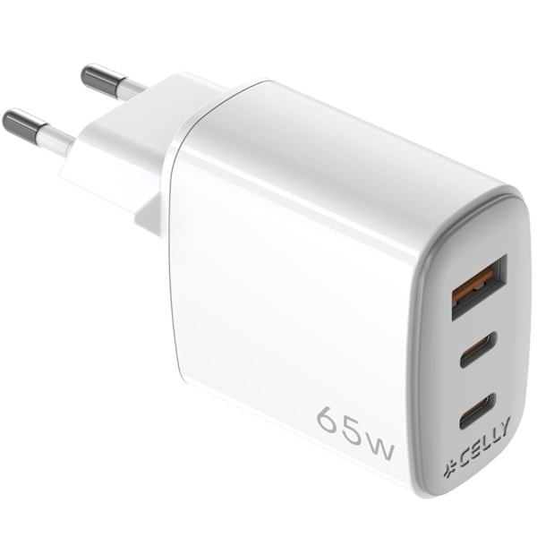 USB-oplader GaN 1 x USB-A + 2 x USB-C PD 65W Hvid