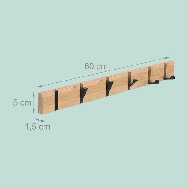 Bambus knagerække med foldbare kroge, sorte detaljer