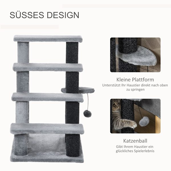 Pet Trappe Kattetrappe Med Kradsestolpe Bold 4-Trins Hundetrappe Dyretrappe Spånplade Plys Jute Grå 60 X 40 X 64 Cm