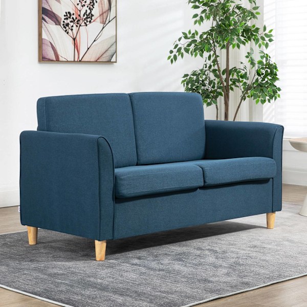 2 pers. sofa, sofa med træben, linned look, polstret sofa, dobbelt sofa i moderne stil til stue, soveværelse, blå