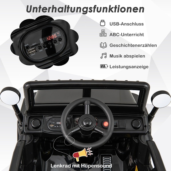 Barnbil med 12 V batteri elbil med fjärrkontroll 3 hastigheter svart 102,5 x 64 x 59,5 cm