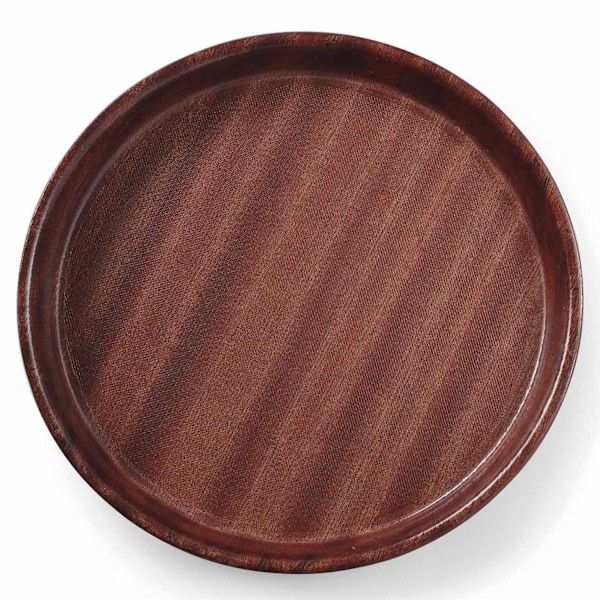 Djup, halkskyddande servisbricka i trä med kant - rund diameter. 36 cm