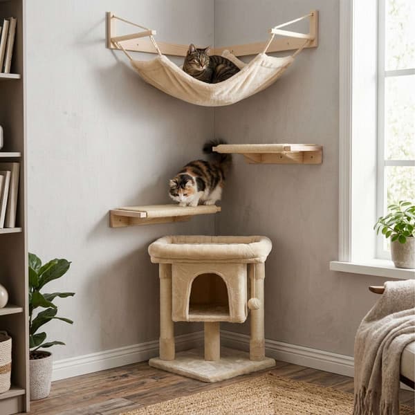 Kradsetræ med hule og platform, beige, 60 cm