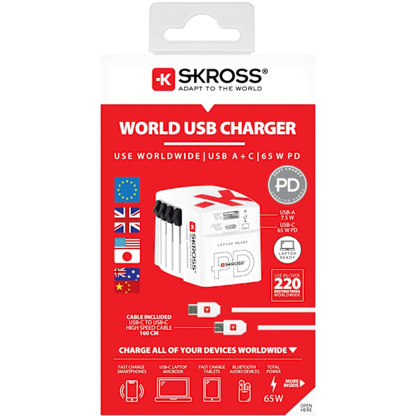 Verdens rejseoplader AC65PD World USB-A+USB-C PD 65W Jordet