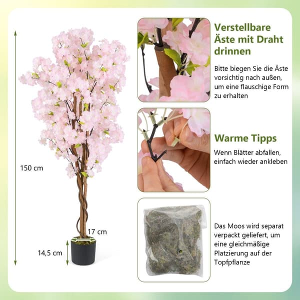 Konstgjorda körsbärsblomsträd set, 150 cm, rosa, 2-pack
