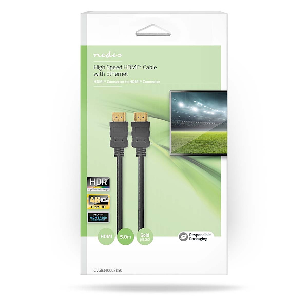 High Speed ​​HDMI ™ kabel med Ethernet | HDMI™ Kontakt | HDMI™ Kontakt | 4K@30Hz | ARC | 10.2 Gbps | 5.00 m | Rund | PVC | Svart | Låda