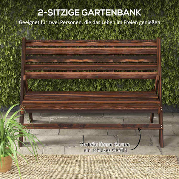 Trädgårdsbänk, 2-Sits Bänk, Träbänk Med Ryggstöd, Parkbänk, Rymmer Upp Till 250 Kg, För Trädgård, Balkong, Förkolad, 122 X 63 X 83 Cm