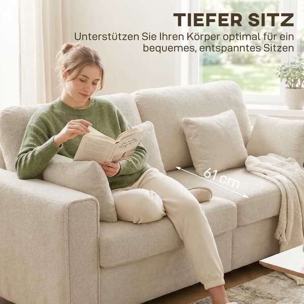 Beige 3-sitssoffa med sammetstyg och djup sits