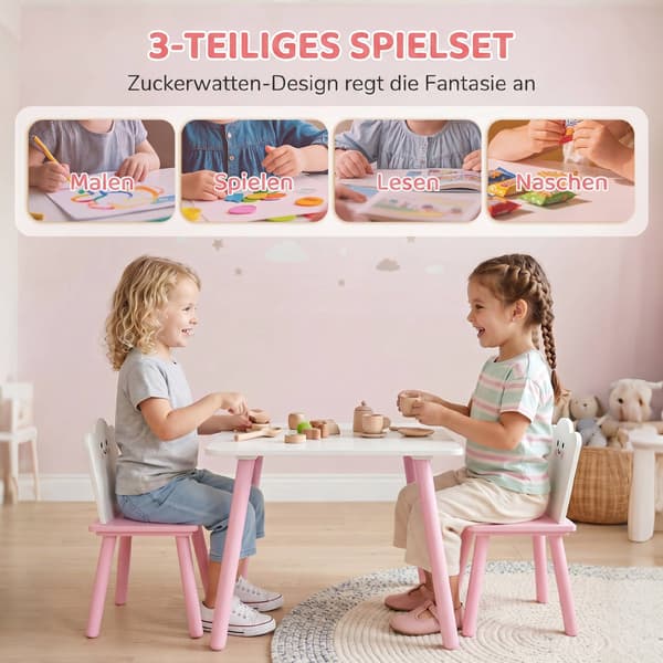 Barnbord och stolsset, 3 delar, rosa och vit