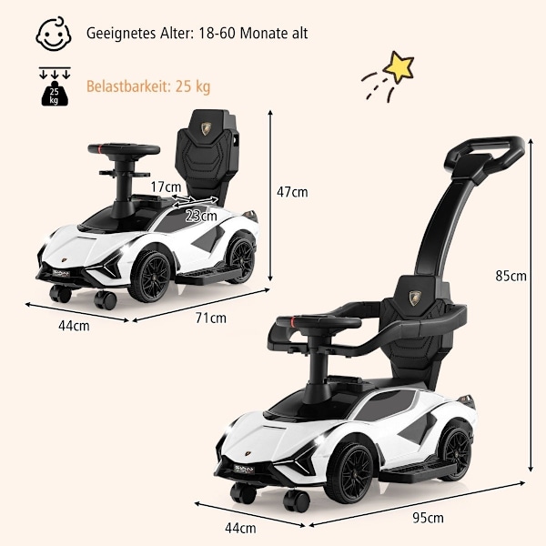 3-i-1 Lamborghini ride-on bil push bil med forlygter &amp; Musik &amp; Hvid opbevaringsplads
