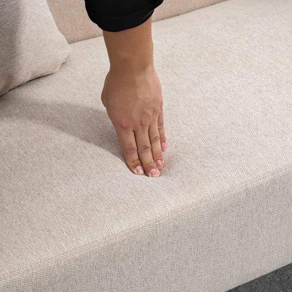Krämfärgad 2-sitssoffa med kuddar, modern design, träben