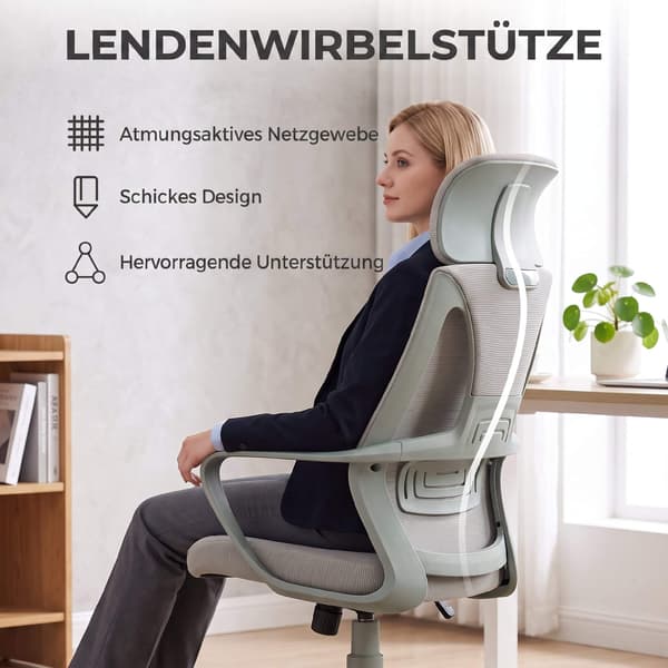 Ergonomisk kontorsstol, justerbar höjd med nackstöd, grå