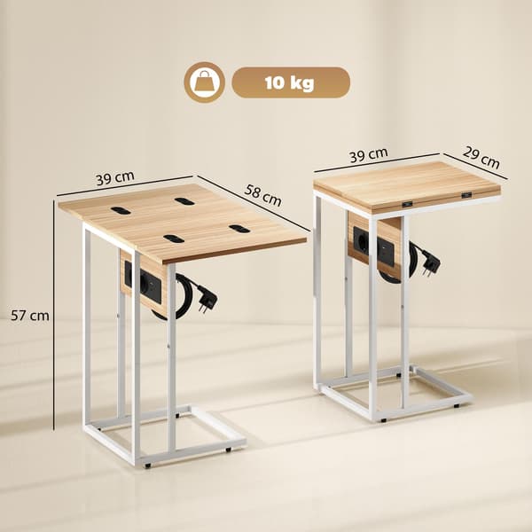 Hopfällbart sidobord med USB-laddningsportar, metall, 39x29x57 cm