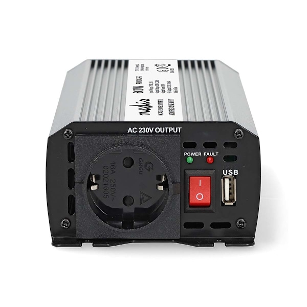 Växelriktare med modifierad sinusvåg | Inspänning: 12 V DC | Enhetens utgångsanslutning: Type F (CEE 7/3) / USB-A | 230 V AC 50 Hz | 600 W | Toppeffek