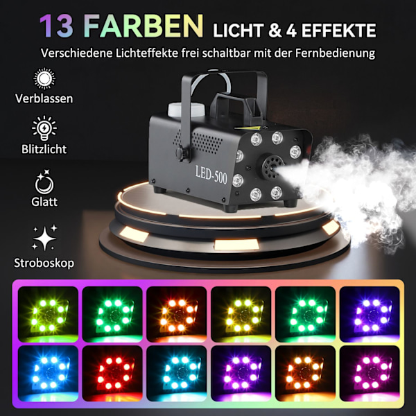 Tågemaskine 450W røgmaskine med 13 farvede LED-lys og RGB-effekt, tågemaskine med 2 lednings- og radiofjernbetjeninger til bryllupper, Halloween, jul