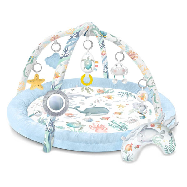 Interaktiv Babymatta Ocean⭐⭐⭐⭐⭐ för design och komfortHUVUDFUNKTIONER:- 7 multifunktionella leksaker- Dedikerad kudde för magläge- Sna
