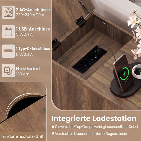 Sidebord med ladestation og justerbar hylde