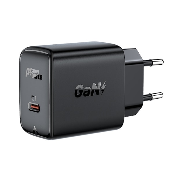 GaN USB-C 30W PD QC 3.0 AFC FCP väggladdare svart