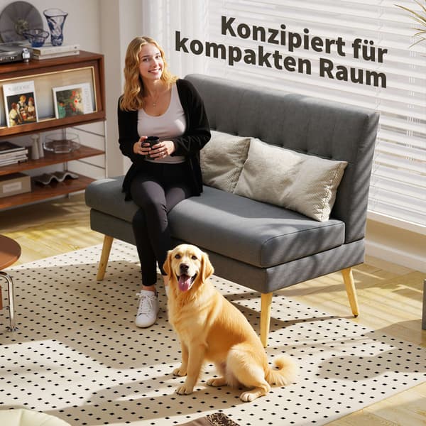 2-personers sofa, tuftet ryg, træben, linnedlook, grå