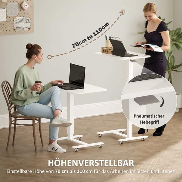 Ställbart skrivbord med hjul, 65x48 cm, vit