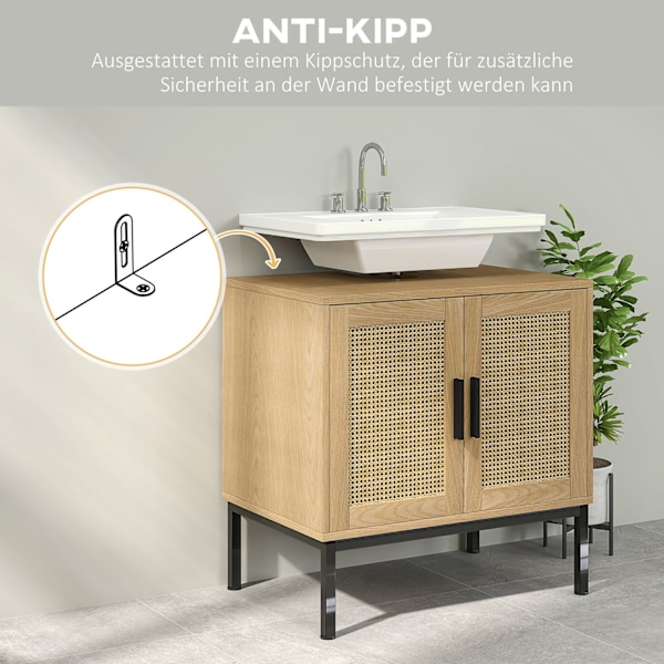 Vask underskab med skabsrum, vaskeskab med rattan look, badeværelses underskab med vippebeskyttelse, eg, 60 x 39 x 60 cm