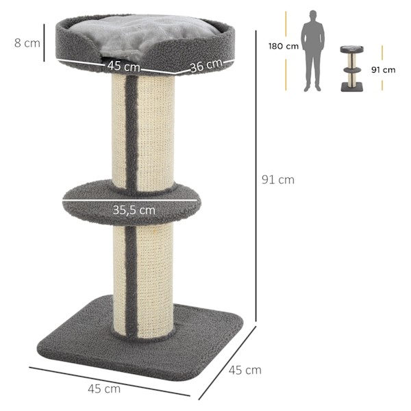 Raapimistolpat kissoille, kantavuus 30kg, raapimistolppa alustalla, talli, sisal, harmaa